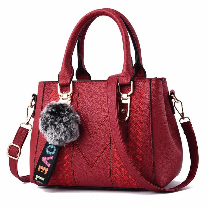 Chic Luxe™ Multi-Tone Satchel – Stylish PU Leather Handbag with Charm Pom