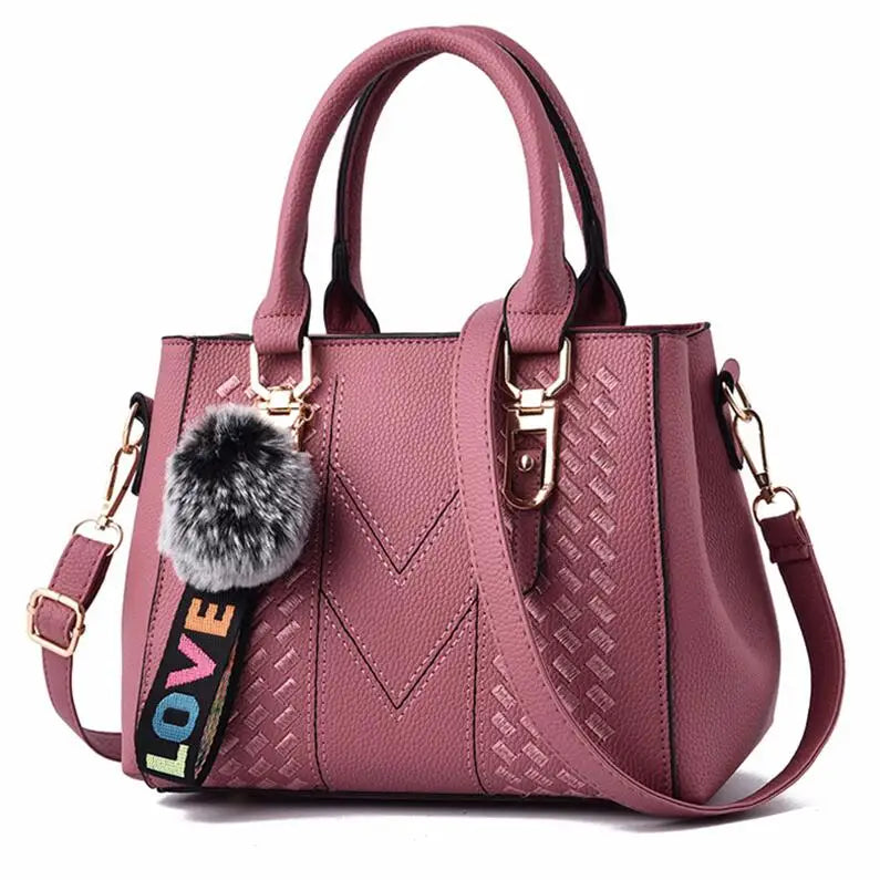 Chic Luxe™ Multi-Tone Satchel – Stylish PU Leather Handbag with Charm Pom