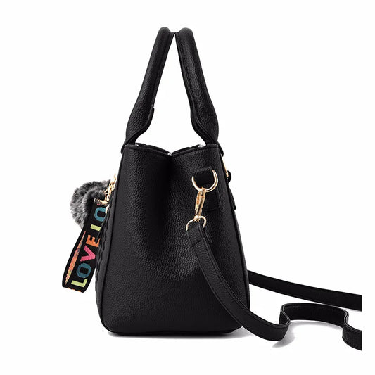 Chic Luxe™ Multi-Tone Satchel – Stylish PU Leather Handbag with Charm Pom