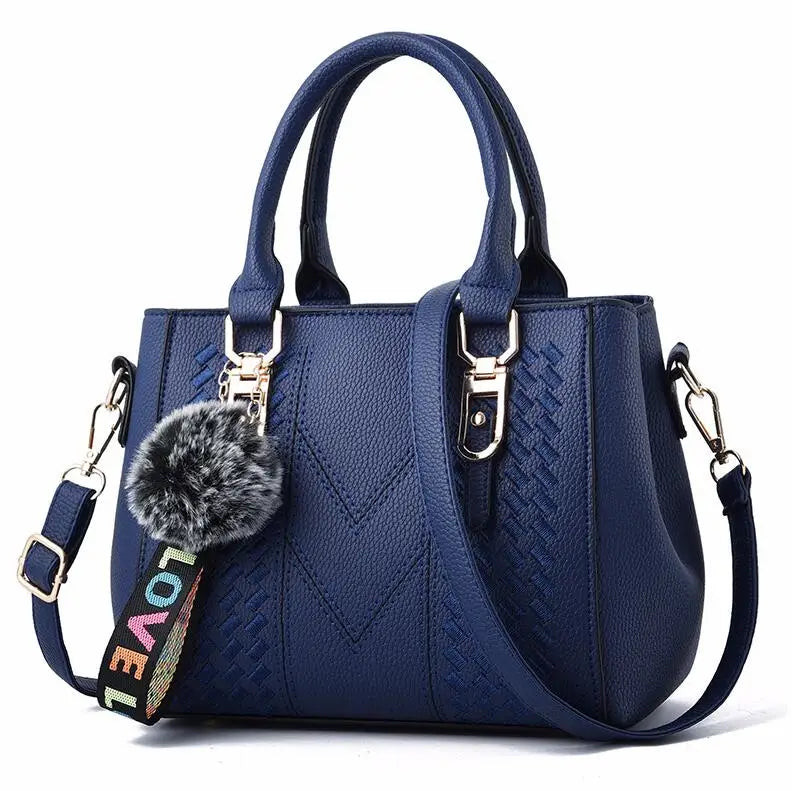 Chic Luxe™ Multi-Tone Satchel – Stylish PU Leather Handbag with Charm Pom