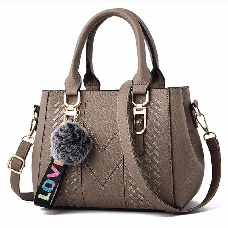 Chic Luxe™ Multi-Tone Satchel – Stylish PU Leather Handbag with Charm Pom