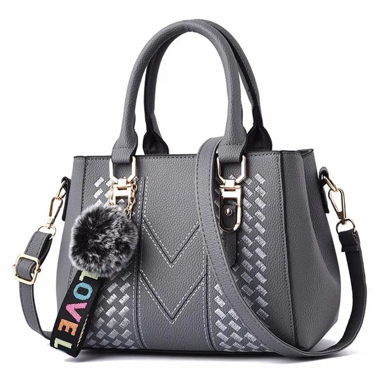 Chic Luxe™ Multi-Tone Satchel – Stylish PU Leather Handbag with Charm Pom