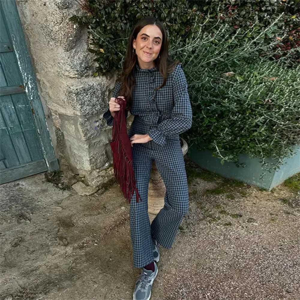 Vintage Charm Plaid Jumpsuit – Long Sleeve, High Waist, Wide-Leg