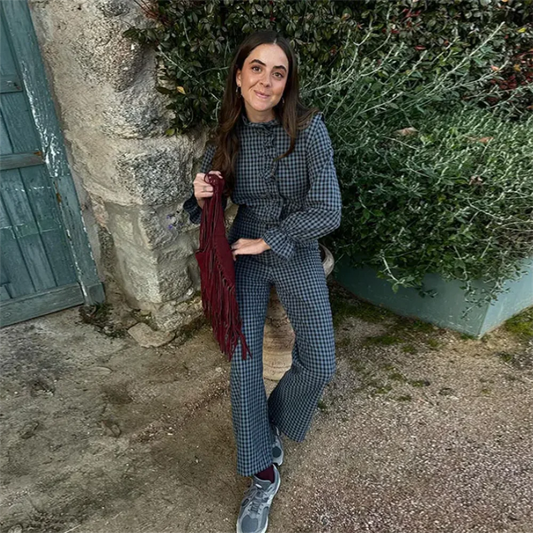 Vintage Charm Plaid Jumpsuit – Long Sleeve, High Waist, Wide-Leg