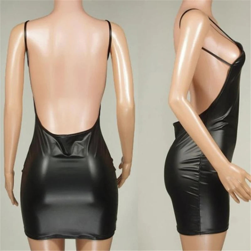 Bare Temptation Faux Leather Backless Mini Dress