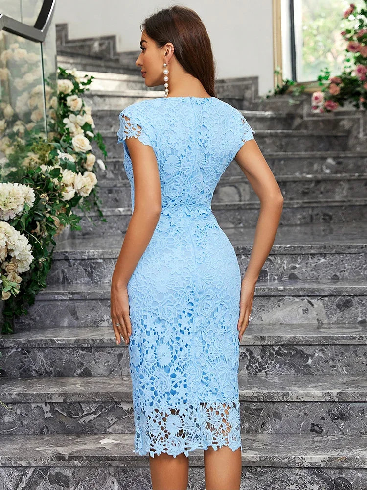 Celesté Bloom – Elegant Lace Midi Dress