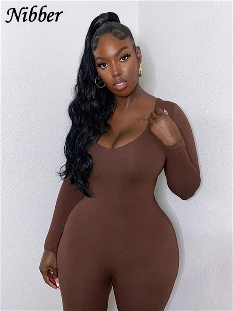 Sculpted Allure – Deep Scoop Long Sleeve Bodycon Jumpsuit