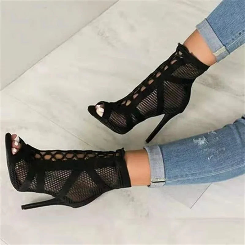 StrutMesh™ Lace-Up Peep Toe Heels – Fierce Mesh Elegance