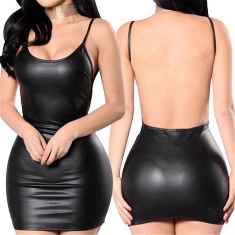 Bare Temptation Faux Leather Backless Mini Dress