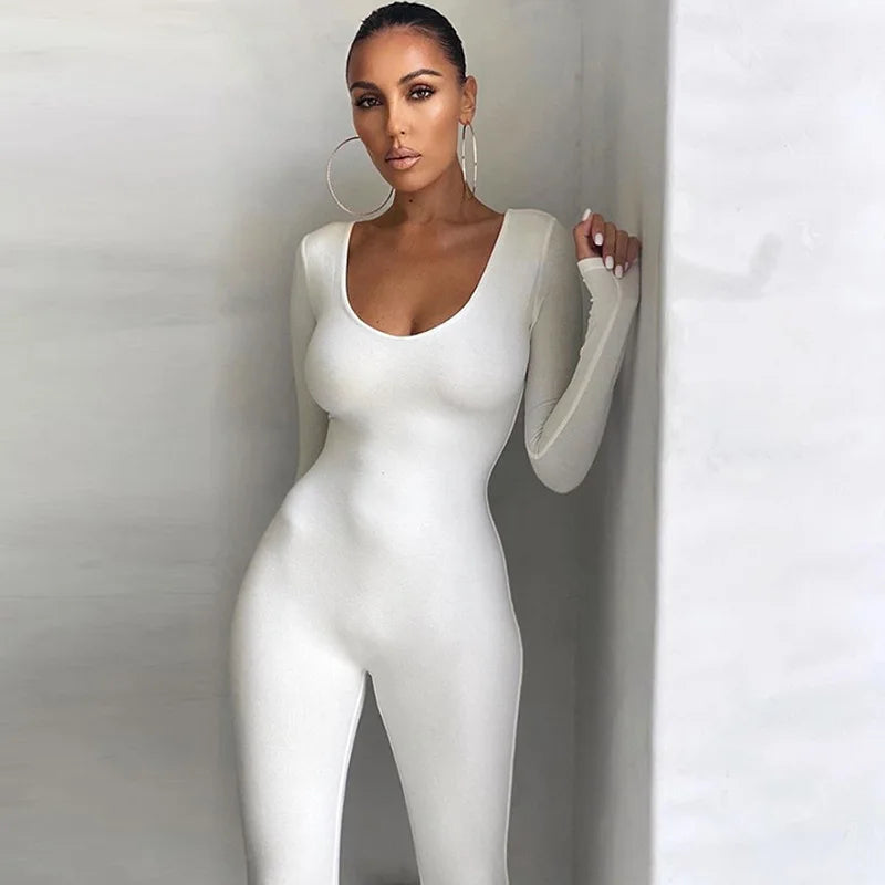 Sculpted Allure – Deep Scoop Long Sleeve Bodycon Jumpsuit