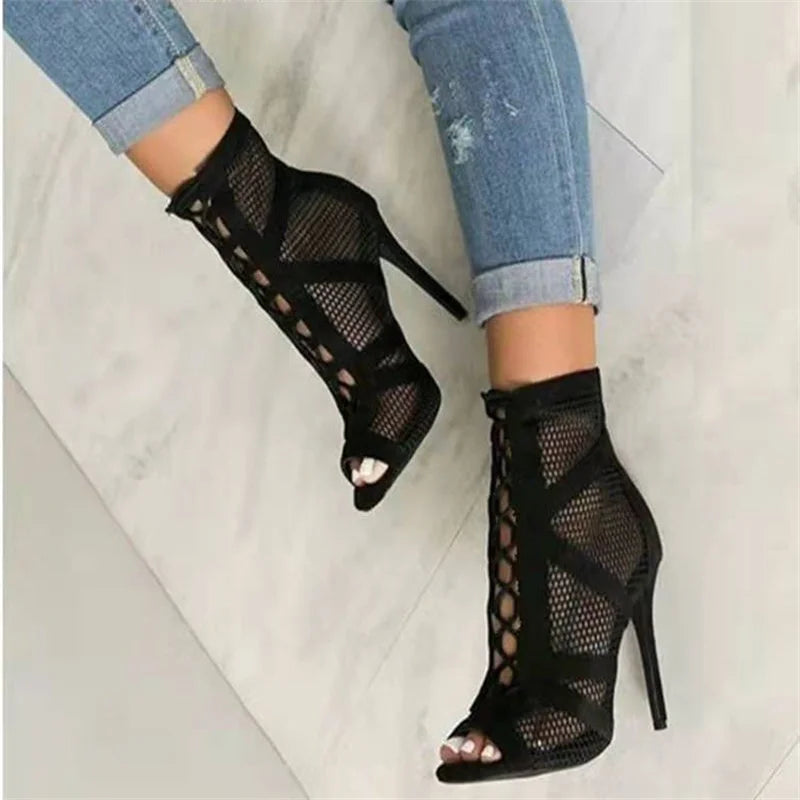 StrutMesh™ Lace-Up Peep Toe Heels – Fierce Mesh Elegance